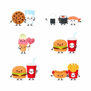 Yemek eşleşmelerinin tapılası çizimleri, kurabiye ve süt, suşi, dondurma, hamburger ve soda, ve sosisli ve patates, hepsi neşeli ifadeli..