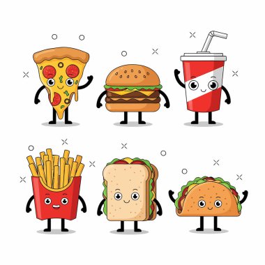 Tatlı çizgi film fast food karakterleri. Pizza, hamburger, soda, patates kızartması, sandviç ve taco dahil. Hepsi de gülen yüzlü ve basit tasarımlı..