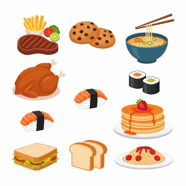 Biftek, kurabiye, erişte, suşi, krep gibi çeşitli iştah açıcı yiyecekleri gösteren canlı bir karikatür çizimi..