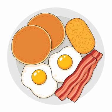 Krep, sahanda yumurta, pastırma şeritleri ve sağlıklı bir sabah yemeğini betimlemek için ideal bir haşlanmış et içeren karikatür tarzı kahvaltı tabağı..