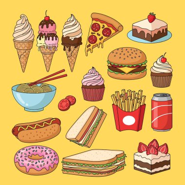 Pizza, hamburger ve sosisli sandviç gibi çeşitli fast food ürünlerinin yanı sıra dondurma, kek ve çörek gibi tatlı ikramları içeren renkli bir tasvir..