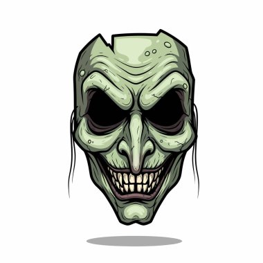 Çatlamış yüzeyi ile ürpertici yeşil bir maske, tehditkar koyu gözler ve uğursuz bir sırıtış, korku teması için mükemmel.