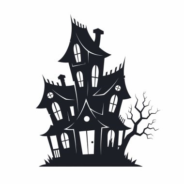 Perili bir evin karanlık silueti eğri camları ve eğri büğrü bir ağacı var. Cadılar Bayramı tasarımları ve ürkütücü temalar için mükemmel..