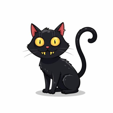 Çizgi filmde siyah bir kedi, sivri dişleri, sarı gözleri ve beyaz bir arka planda oturan kıvrık kuyruğu vardı..