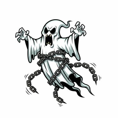 Korkunç yüzlü bir çizgi film hayaleti zincirlerle sarılmış, ürkütücü ve ürkütücü bir görüntü yaratıyor..