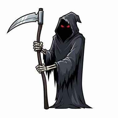 Gaddar Azrail 'in karikatür çizimi, başlığın karanlığında parlayan kırmızı gözlü, tırpan tutan pelerinli bir iskelet figürü..