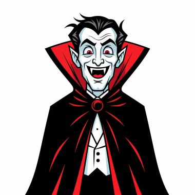 Keskin dişleri olan, kırmızı astarlı siyah bir pelerin giyen ve tehditkar bir şekilde gülümseyen bir vampirin çizgi film çizimi..