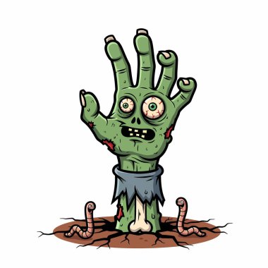 Yerden yükselen yeşil bir zombinin karikatür çizimi, kemikleri açıkta, kolları yırtık ve yanında iki solucan var..