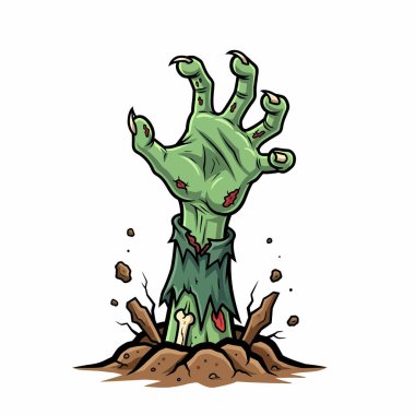 Yeşil çürüyen bir el ve yırtık bir kolla yerden yükselen bir zombi elinin çizgi film çizimi..