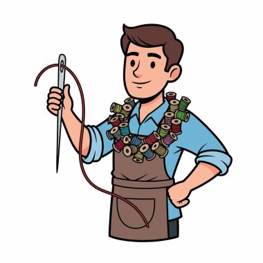 Çizgi film terzisi iplikle iğne tutuyor, iplik makarasından bir çelenk takıyor, dikiş ya da el işi teması sergiliyor..