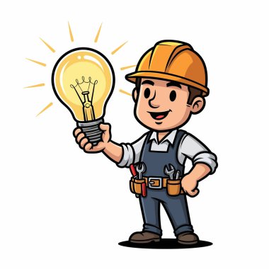 Üzerinde parlak bir ampul tutan, fikirleri ve çözümleri sembolize eden, işçi tulumu giymiş bir elektrikçinin karikatür çizimi..