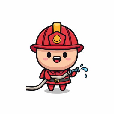 Kırmızı miğferi ve üniforması olan, elinde hortumla gülümseyerek her türlü alevi söndürmeye hazır bir itfaiyecinin büyüleyici bir çizimi..