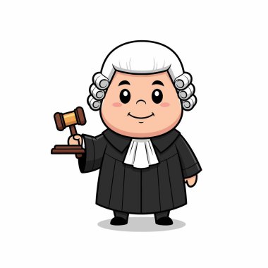 Siyah cüppeli, beyaz peruklu, elinde tokmak, hukuku ve adaleti simgeleyen sevimli bir çizgi film yargıcı..