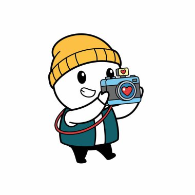 Çekici bir çizgi film karakteri sarı bir bere takıyor ve üzerinde kalp olan bir kamera tutuyor. Anıları kaydetmeye hazır..