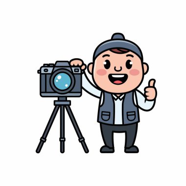 Neşeli bir karikatür fotoğrafçısı tripodun üzerinde kameranın yanında duruyor, başparmak işareti yapıyor, mükemmel bir görüntü yakalamaya hazır..