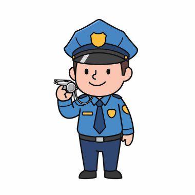 Basit ve neşeli bir şekilde tasvir edilmiş, elinde düdük tutan üniformalı bir polisin karikatür çizimi..