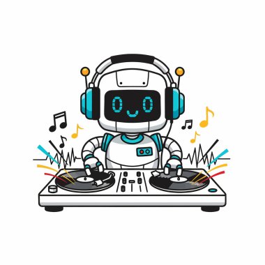 Kulaklıklı bir çizgi film DJ 'i müzik seti ve müzik dalgalarıyla çevrili pikaplarda müziği karıştırıyor..