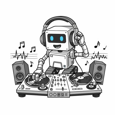 Kare başlı, kulaklıklı ve tank basamaklı bir robot DJ müzik eşliğinde her iki taraftaki hoparlörleri karıştırıyor..