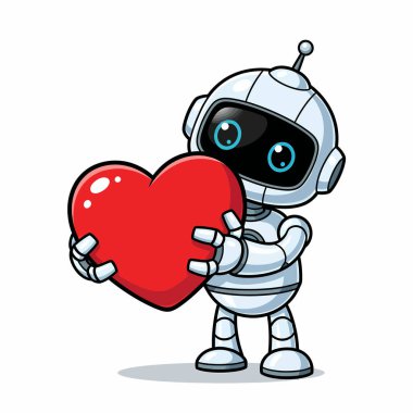 Sevimli bir çizgi film robotu sevgiyle parlak kırmızı bir kalbe sahip, teknoloji ve sevginin kesişimini sembolize ediyor. Robotun tasarımı modern ve dostane..