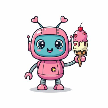 Kalp antenleri olan sevimli pembe bir robot üzerinde kiraz olan lezzetli bir dondurma külahı tutar. Tatlı ve eğlenceli bir tasarım için mükemmeldir..