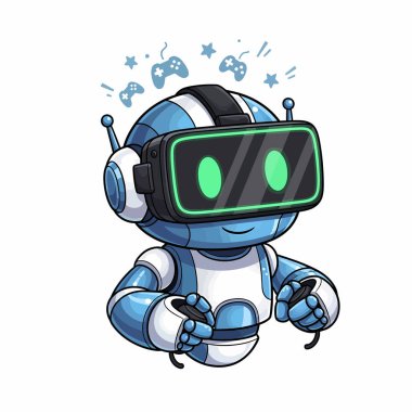 VR kulaklık takan ve kontrol cihazlarını tutan bir çizgi film robotu, oyuncaklarla ilgili ikonlarla çevrili, sanal gerçeklik oyunu deneyimi yaşıyor..