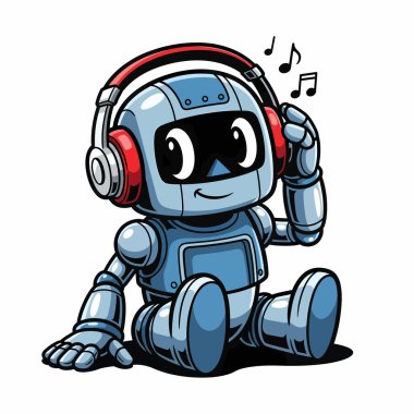Oturan ve kırmızı kulaklıklı müzik dinleyen sevimli bir robot kafasının üstünde süzülen müzik notaları..