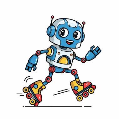 Neşeli bir çizgi film robotu mutlu bir ifadeyle paten kayıyor, teknoloji ve oyunculuk karışımı bir şey sergiliyor..