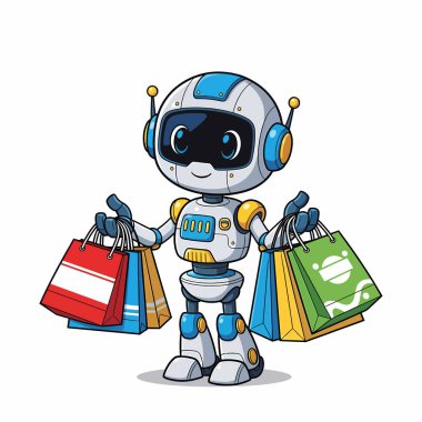 Bir çizgi film robotu alışveriş torbalarını elinde tutuyor ve perakende terapi için hazır bekliyor. Robotun dostane bir ifadesi ve modern bir tasarımı var..