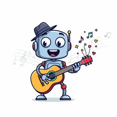 Şapka takan neşeli bir robot, müzik notaları, kalpler ve yıldızlarla çevrili sarı bir gitar çalar ve tuhaf bir sahne yaratır..
