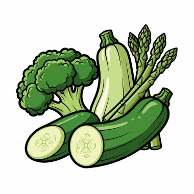 Brokoli, kabak, kuşkonmaz ve kabak gibi çeşitli yeşil sebzelerin sergilendiği canlı bir illüstrasyon, sağlıklı yemek ve mutfak temaları için mükemmel..