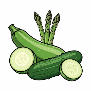 Canlı, taze yeşil sebzeler, kabak, salatalık dilimi ve kuşkonmaz mızrakları içeren sağlıklı beslenme ve doğal ürünler içeren bir hayat çizimi..