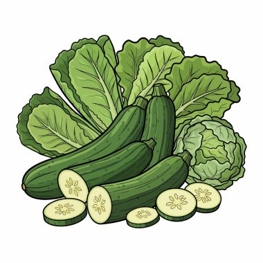 Canlı, yeşil sebzeler içeren, kabak, marul ve lahana içeren ve görsel olarak çekici bir kompozisyonda bir araya getirilmiş canlı bir hayat çizimi..