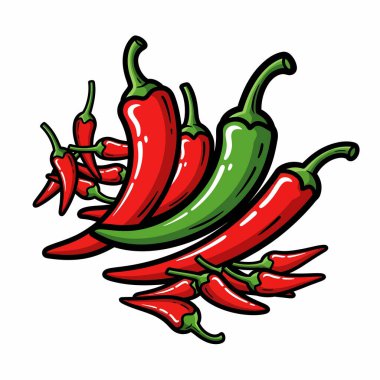 Canlı bir illüstrasyonda kırmızı ve yeşil biberler sergileniyor. Mutfak temaları ve baharatlı yemek meraklıları için mükemmel..