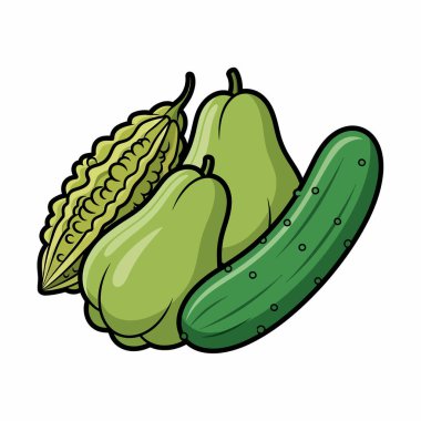 Yeşil sebzelerin çeşitliliğini vurgulayan canlı bir illüstrasyon, acı bir kavun, iki chayotes ve bir salatalık sergiliyor..
