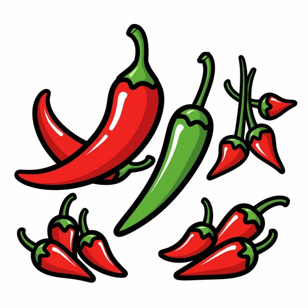 Siyahla özetlenmiş çeşitli kırmızı ve yeşil biberleri gösteren canlı bir illüstrasyon cesur ve göz alıcı bir tasarım yaratıyor..