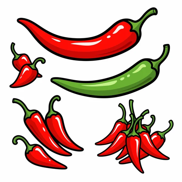 Renkli bir illüstrasyon çeşitli kırmızı ve yeşil biberleri gösteriyor. Mutfak ya da tasarım projeleri için mükemmel..