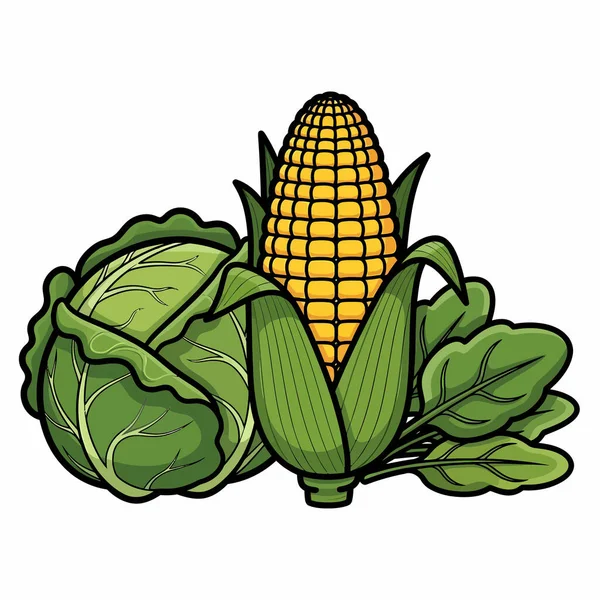 Taze bir mısır, yeşil lahana ve yapraklı ıspanak içeren renkli bir çizim, bahçe sebzelerinin güzelliğini gözler önüne seriyor..