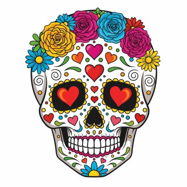 Çiçekli bir taç ve kalp şeklinde gözlerle süslenmiş renkli detaylar ve karmaşık desenlerle süslenmiş canlı bir şeker kafatası..