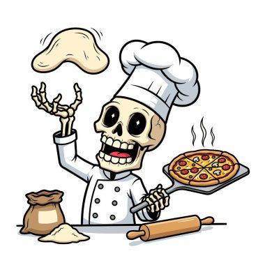 Aşçı şapkası ve üniforması giyen bir iskelet şefinin çizgi film çizimi. Yanında un ve oklavalı yeni pişmiş bir pizzayı kabuğa atarken pizza hamuru atıyor..