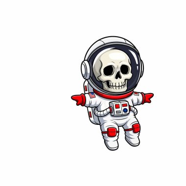 Kırmızı aksanlı beyaz astronot kıyafeti giymiş, T-pozu veren bir karikatür iskeleti. Miğfer yıldızlı bir gökyüzünü yansıtır, kozmik bir dehşet katar..