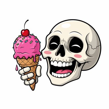 Gül yanaklı bir çizgi film iskeleti neşeyle üzerine vişneli pembe bir dondurma konisi serpiştirir. Yaşam ve ölüm arasında komik bir zıtlık sergiler..