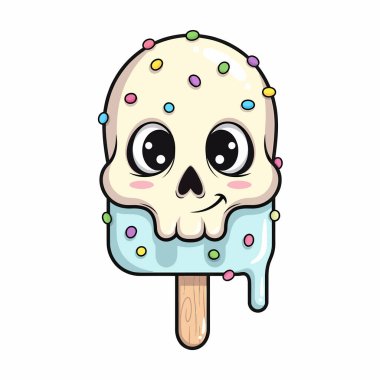 Kafatası şeklindeki dondurmanın renkli süslemelerle süslenmiş, eriyen, damlayan, ürkütücü ve tatlı elementlerle harmanlanan tuhaf bir çizimi..