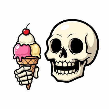 Bir kafatası ve bir iskelet elin, üzerinde kiraz olan dondurma külahını tuttuğu bir karikatür resmi, dehşeti tatlı olanla harmanlıyor..
