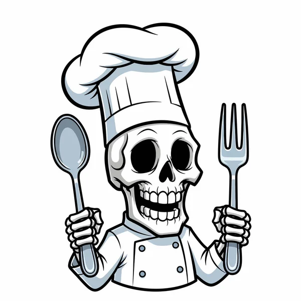 Çizgi filmlerde, kaşık ve çatal tutan ve yemek pişirmeye hazır şefin ceketini giyen bir iskelet şefi tasvir edilir..