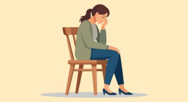 Bir kadın ahşap bir sandalyeye oturur, başı eğik, elleri yüzünde, üzüntüsünü ifade eder..