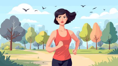 Atletik giysili bir kadın parkta koşuyor, kuşlar tepemizde uçuyor, uzaklarda bir şehir silüeti var..
