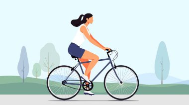 Bir kadın parkın içinde bisiklet sürüyor, dışarıda eğleniyor. İllüstrasyon yan görünümü gösterir.
