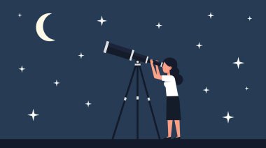 Bir kadın gece gökyüzünü gözlemlemek için teleskop kullanır. Hilal ay ve yıldızlarla..