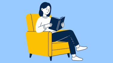 Sarı bir koltukta otururken bir kadın kitap okuyor. Beyaz gömlek ve siyah pantolon giyiyor..