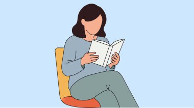 Bir kadın, açık mavi arka planı olan bir sandalyede oturmuş kitap okuyor..